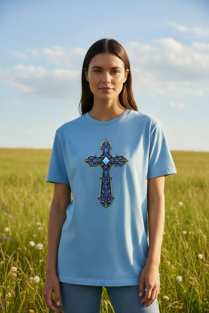 Female model in FAITH collection royal blue shirt