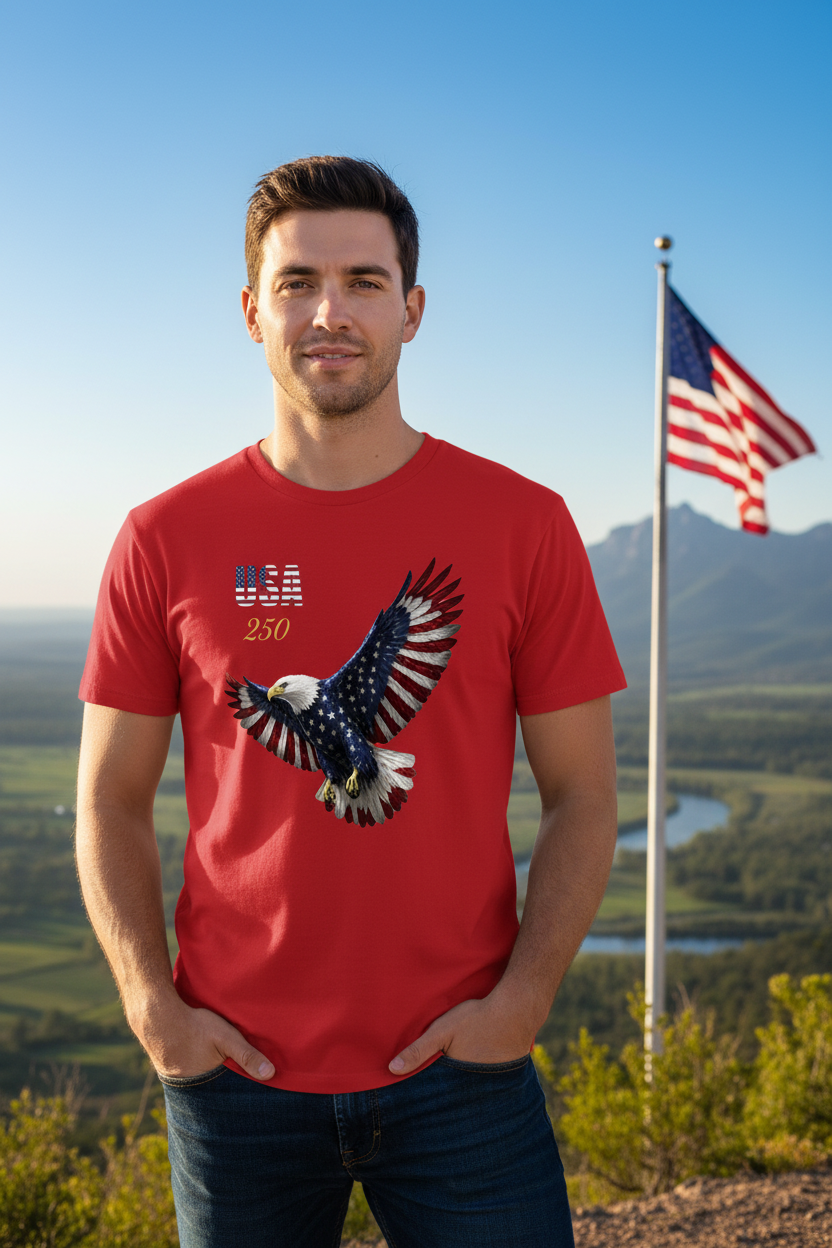 Male model in red RWB Flying Eagle shirt with American background